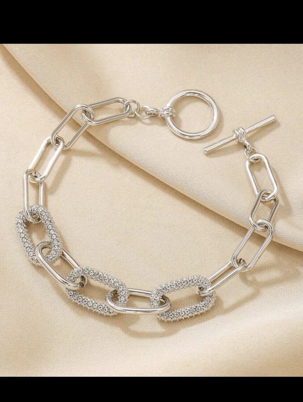 Silver Chain Link Toggle Bracelet with Pavé Accents